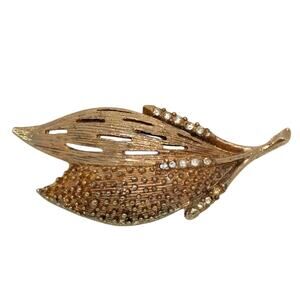 Vintage Gold Tone Leaf Brooch Rhinestone Mid Century Textured Leaf Pin